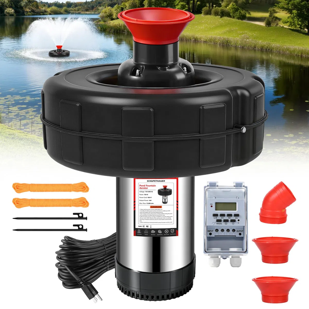 Aeratore per fontana per laghetti, pompa galleggiante da 1 HP 15000 GPH con timer e cavo da 30 m, sistema a getto in acciaio inox, per grandi laghetti e laghi all'aperto