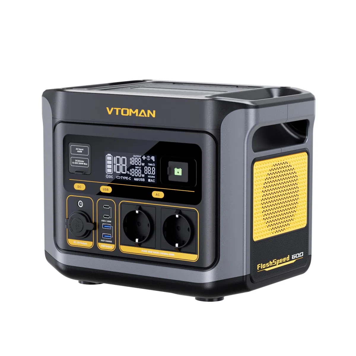 VTOMAN FlashSpeed 600 Centrale Elettrica Portatile 499Wh - 600W(1200W Picco) LiFePO4 Power Station, 100W USB-C, Ricarica da 0-80% in 60 Min, Capacità Espandibile Generatore Solare per Campeggio