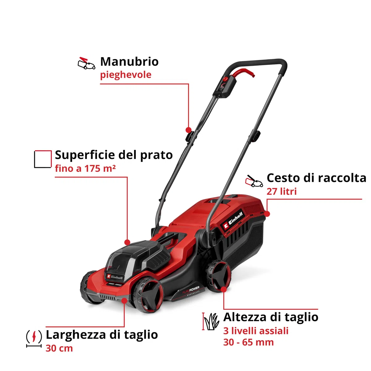 Il tosaerba Einhell Professional GE-CM 18/30-1 Li BL-Solo Power X-Change (18 V, larghezza di taglio 30 cm, fino a 175 m², Brushless, cesto di raccolta 27l, altezza di taglio 30-65 mm, senza batteria)