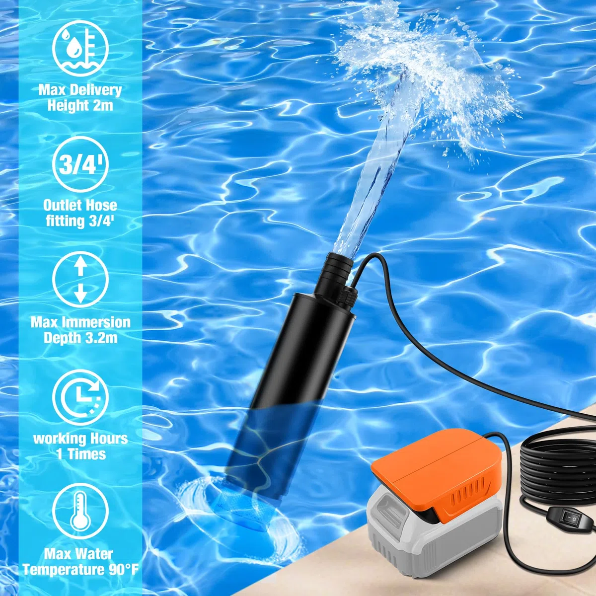Pompa sommergibile compatibile con batteria Dewalt da 20 V 60 V, 30 l/min, cavo 15 FT, pompa dell'acqua alimentata da 120 W, pompa di trasferimento per fontane profonde per giardino, campeggio