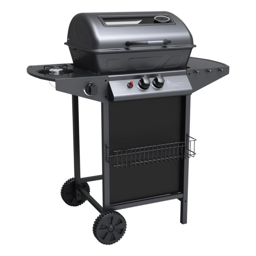 Barbecue a Gas con Pietra Lavica BBQ a Gas 2 Bruciatori + Fornello Laterale Struttura in Acciaio con Piano Laterale D’appoggio e 3 Appendini Pratiko Life