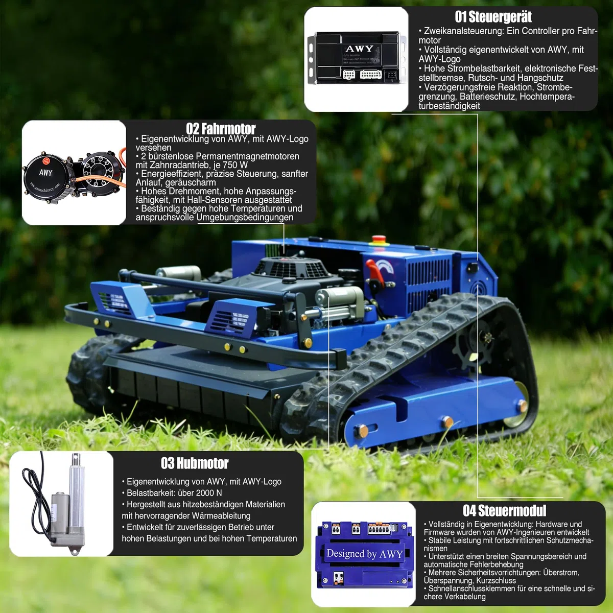 Robot Tosaerba telecomandato su ciniglia, 4 x 4, ibrido di olio-elettrico, per terreni incidenti e decespugliamento