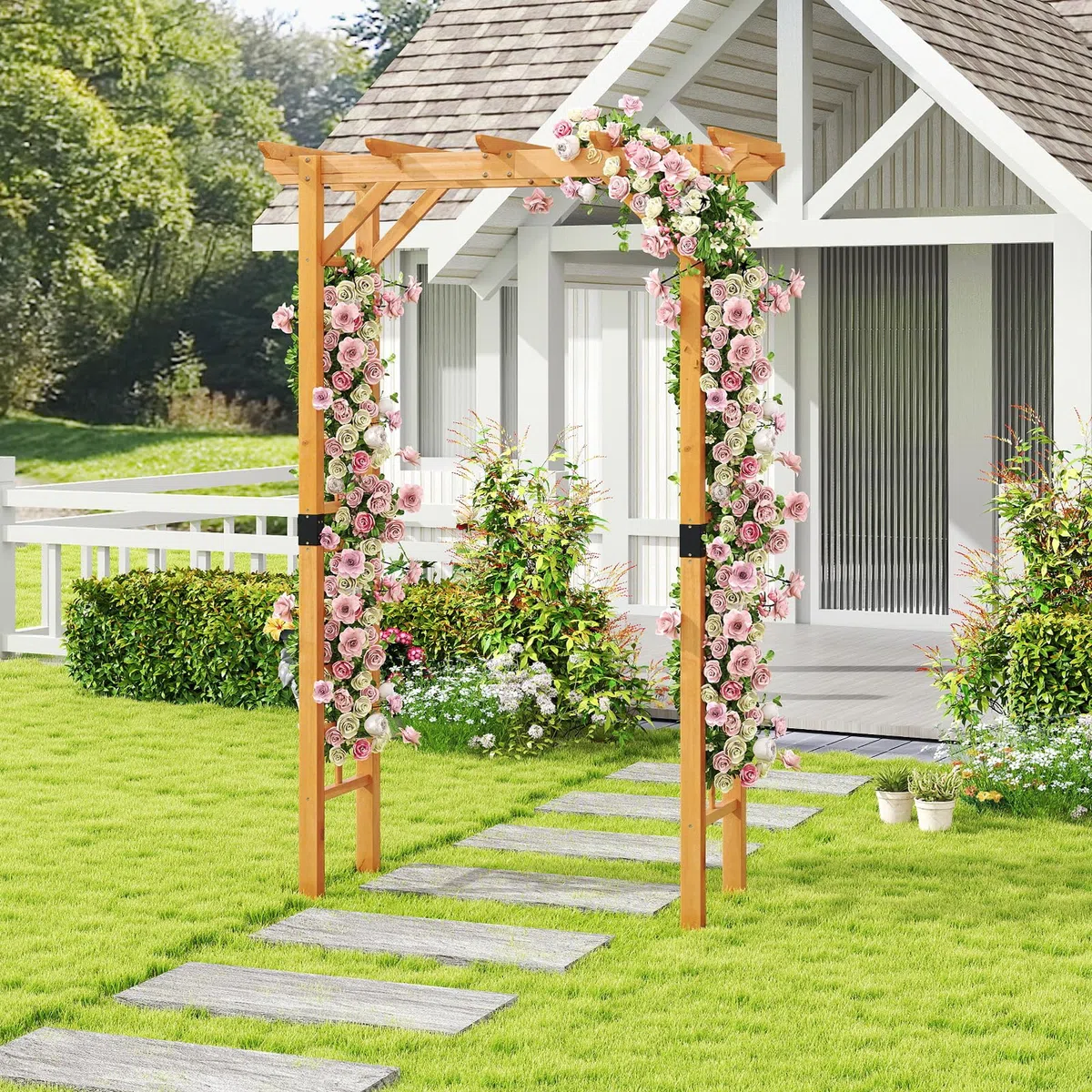 HOMASIS Arco da Giardino in Legno, Arco per Rampicanti con Tettoia e Traliccio, Pergolato da Esterno per Rose, Glicine, Palloncini, Decorazione da Giardino per Festa e Matrimonio (Tetto Piatto)