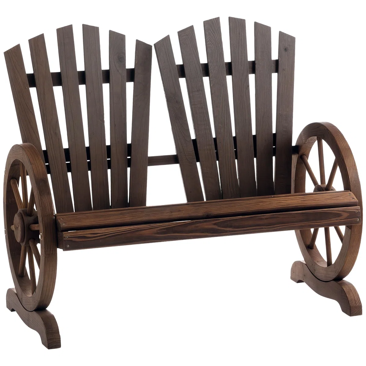 Outsunny Panchina da Giardino da 2 Posti con Braccioli a Forma di Ruota, Panchina da Esterno a Doghe in Legno di Abete, Panca per Terrazza Patio e Cortile, 108x66x95 cm, Carbonizzato
