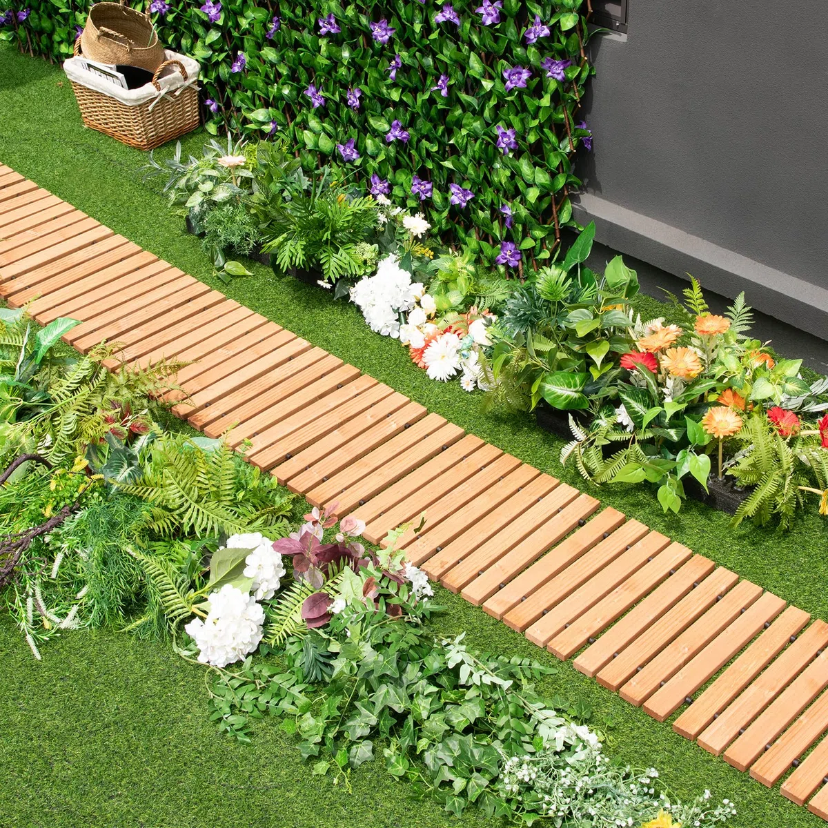 COSTWAY Passerella Arrotolabile per Giardino, Sentiero da Giardino con Filo di Ferro e Consistenza Antiscivolo Resistente alle Intemperie, Percorso in Legno per Cortile e Spiaggia (245 x 43 x 2 cm)