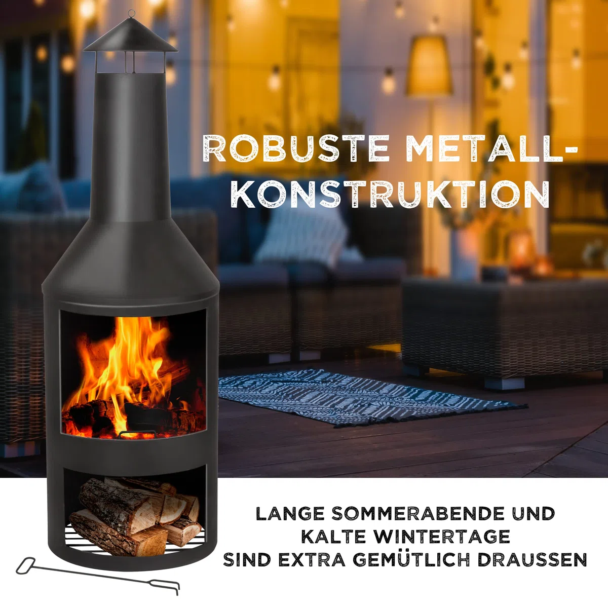 BBQ Collection Stufa da terrazza con camino – Braciere 44,5 x 44,5 x 134 cm – Camino da giardino per legna da ardere – Stufa da giardino con parascintille e ripiano in legno – stufa per terrazza