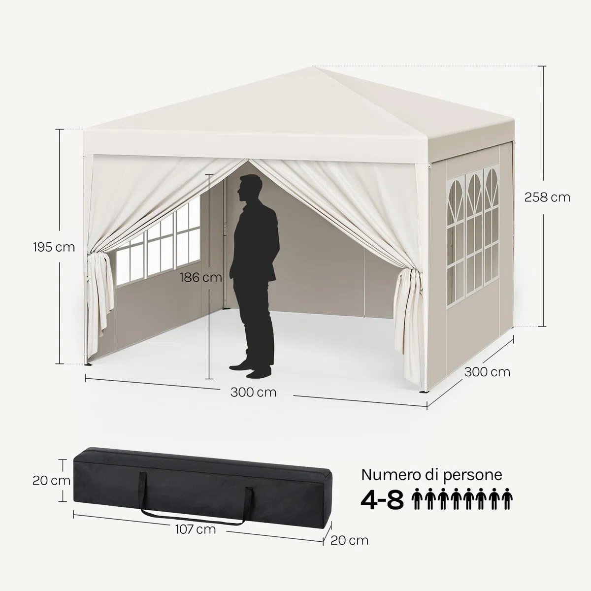 WOLTU Gazebo da Giardino Richiudibile 3x3m Gazebo da Esterno Ferro Regolabile in Altezza Tendone Pieghevole con Telo Impermeabile, Protezione Solare, Facile Montare Beige