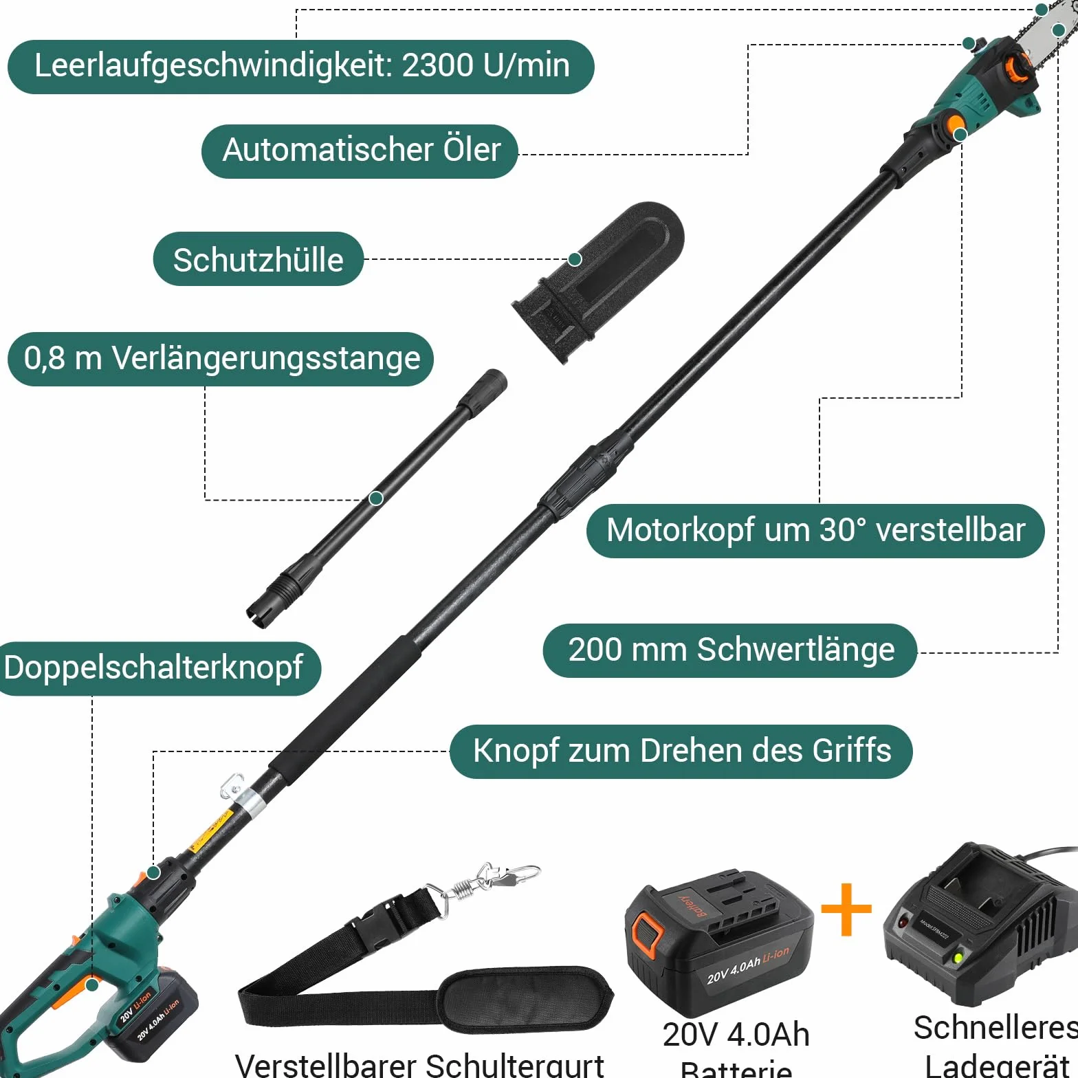 Potatore Telescopico, Sega Potatrice Elettrica, Sega ad Asta a Batteria, Batteria 20V 4Ah e Caricabatterie, Lama 24cm, Velocità Catena 5 m/s, Auto-Lubrificante, Testa Inclinabile, incl. Tracolla, 4 M