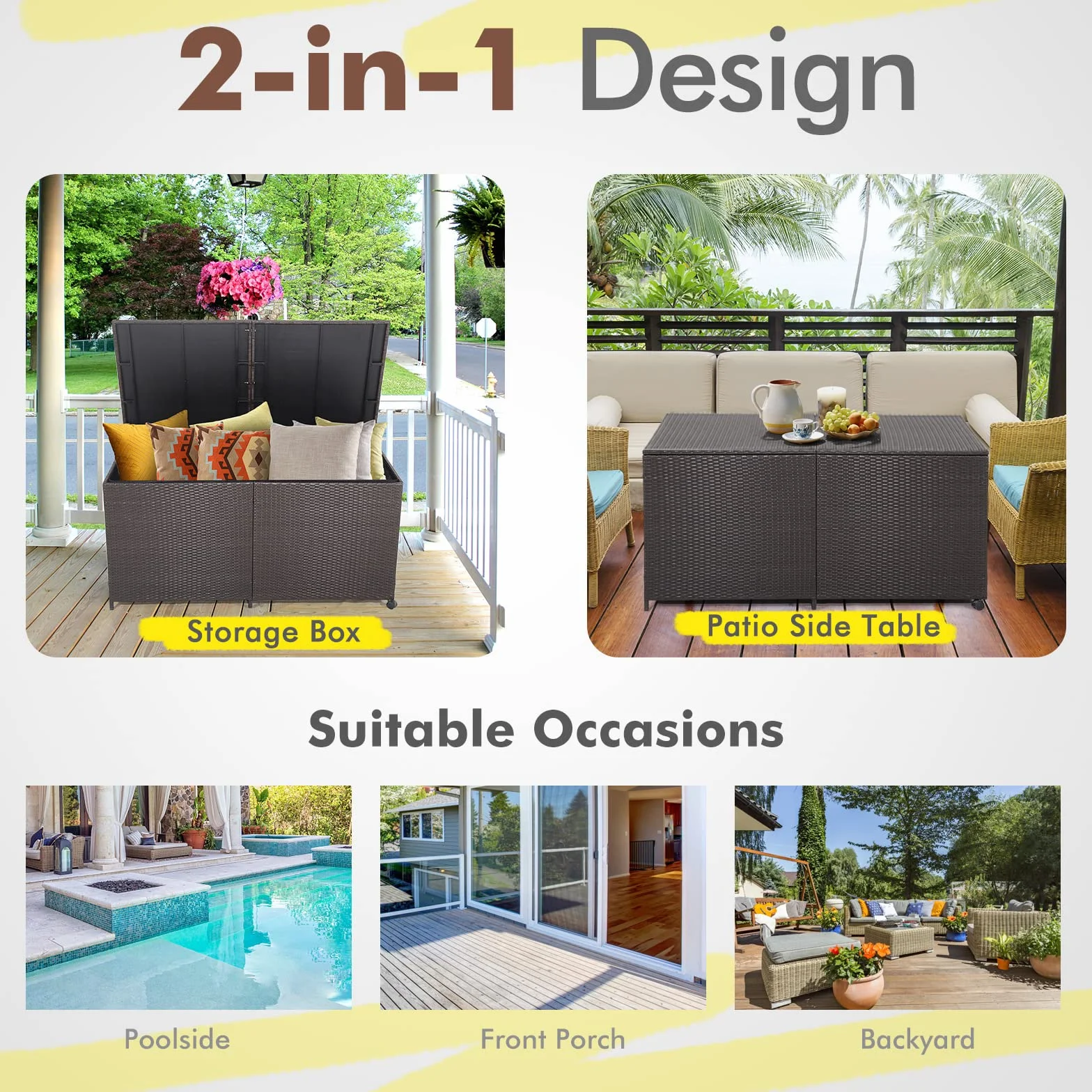 GIANTEX Contenitore per cuscini in rattan, 662 litri, con coperchio, con 2 ruote e manici, resistente alle intemperie, con tasca interna, con molla a gas, 150 x 77 x 72 cm