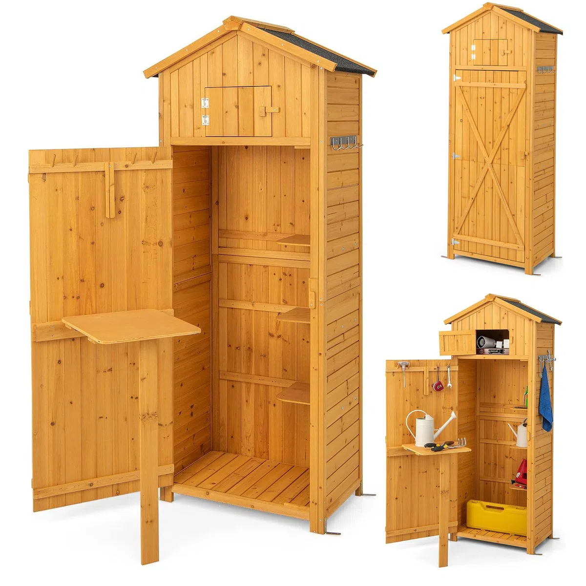 RELAX4LIFE Armadio da Esterno in Legno Massello Verniciato Giallo – Doppia Porta + Tavolino Pieghevole – Tetto in Asfalto Antipioggia – 65x42x180,5 cm – per Giardino, Patio e Cortile