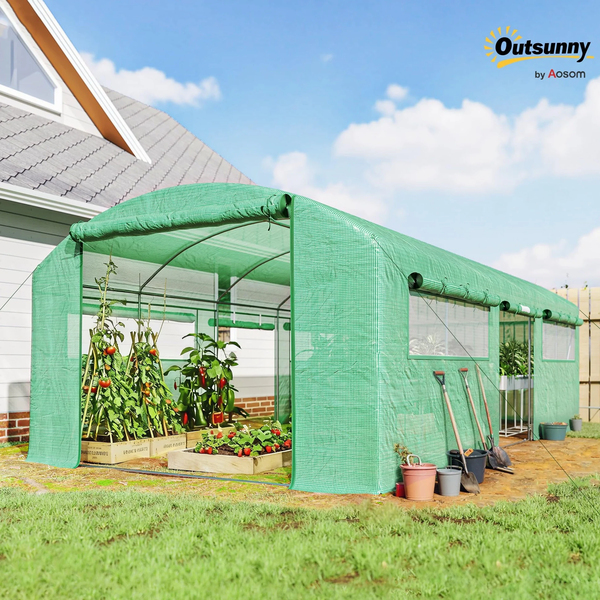 Outsunny Serra a Tunnel 6x3x2 m con 3 Porte Avvolgibili, 6 Finestrelle, Picchetti e Funi, Serra da Giardino per Orto e Piante in Acciaio Zincato e PE, Verde