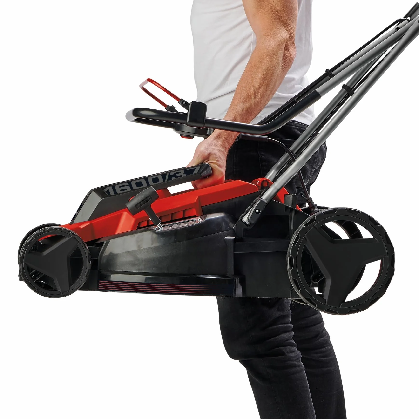 Einhell tosaerba elettrico GC-EM 1600/37 (1.600 W, larghezza di taglio 37 cm, fino a 700 m², cesto raccoglierba da 38 L, regolazione centrale dell'altezza di taglio da 20 a 60 mm)