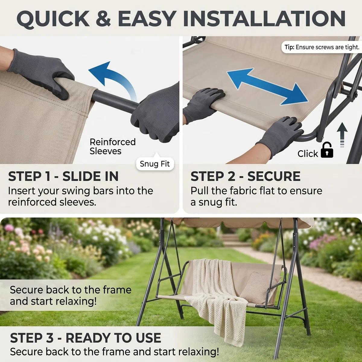 Coprisedile per Dondolo 2/3 Posti, Telo Ricambio Seduta Dondolo in Tessuto Oxford 600D, Copertura Impermeabile e Resistente UV per Altalena da Giardino Esterno,Grigio,158x(54+54) cm