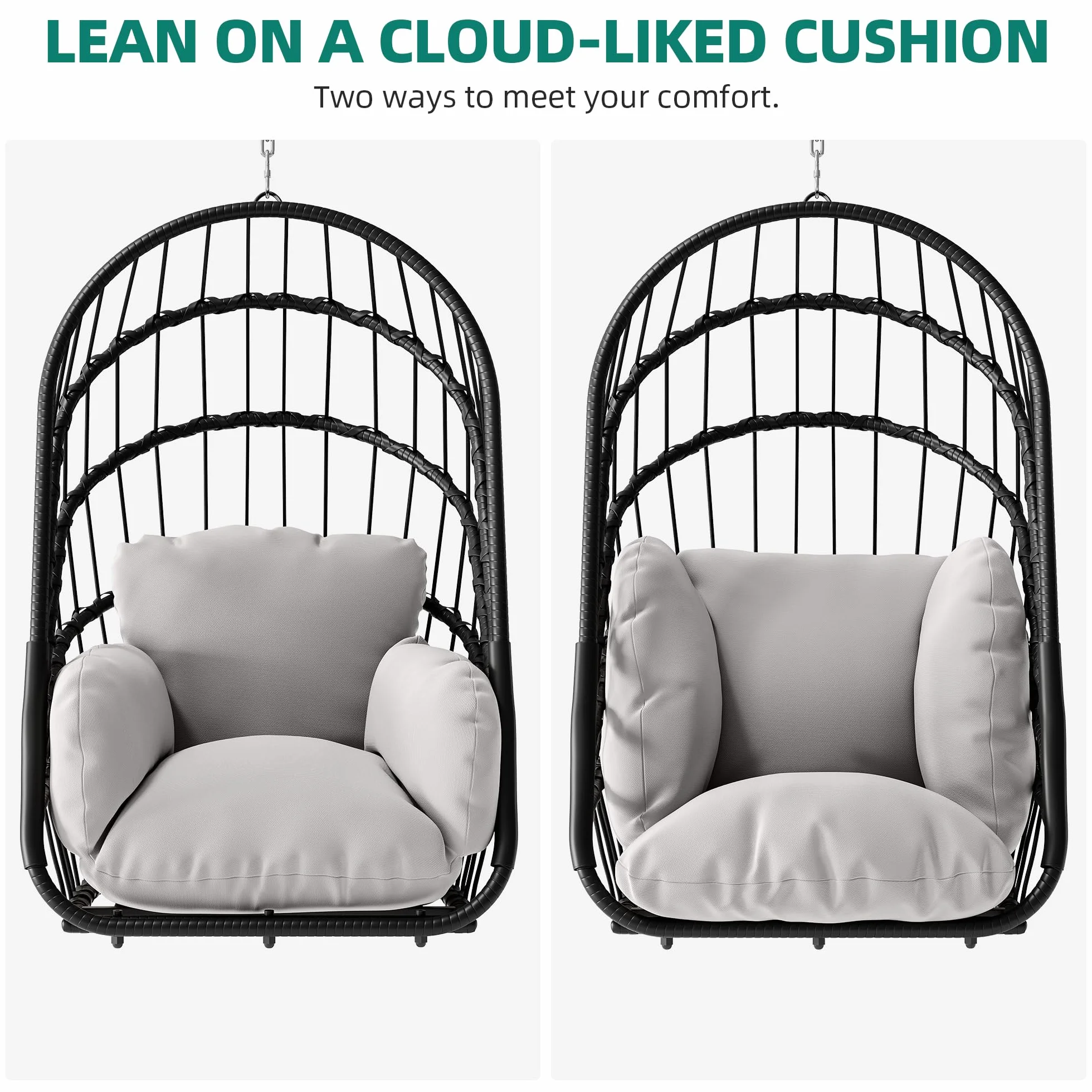 YITAHOME Poltrona sospesa senza telaio, in rattan con cuscino lavabile, portata 160 kg, pieghevole, per terrazza, giardino, camera da letto e balcone, grigio