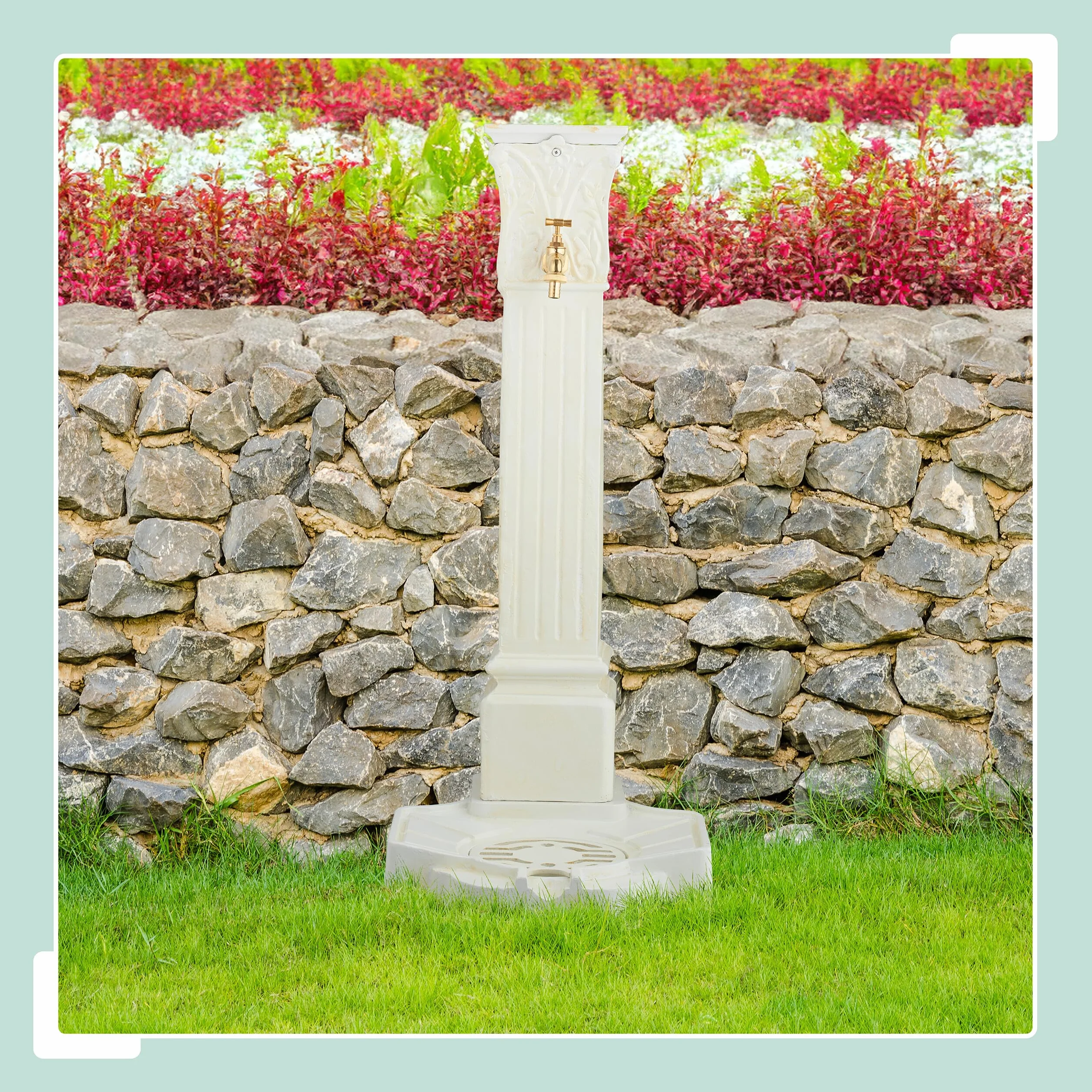 Relaxdays Fontana da Giardino in Stile Antico, Fontanella a Colonna con Rubinetto e Vaschetta, HLP: 93x47x38 cm, Bianco