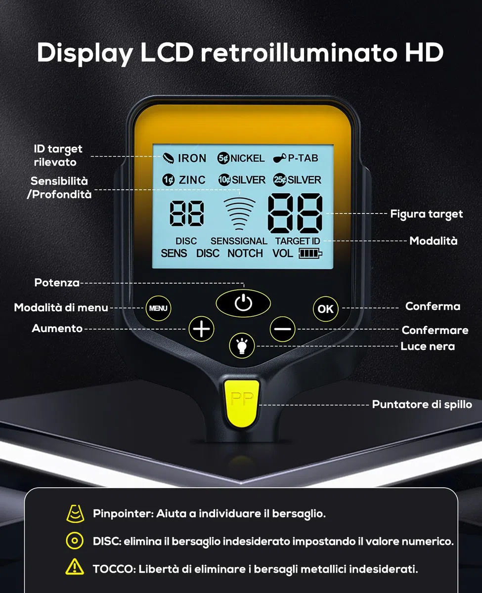 Metal Detector Professionali - 2000mAH Ricaricabile Metal Detector Oro per Adulti con Display LCD, Alta Precisione, Bobina di Ricerca IP68 Impermeabile da 10", Pieghevole e Retrattile