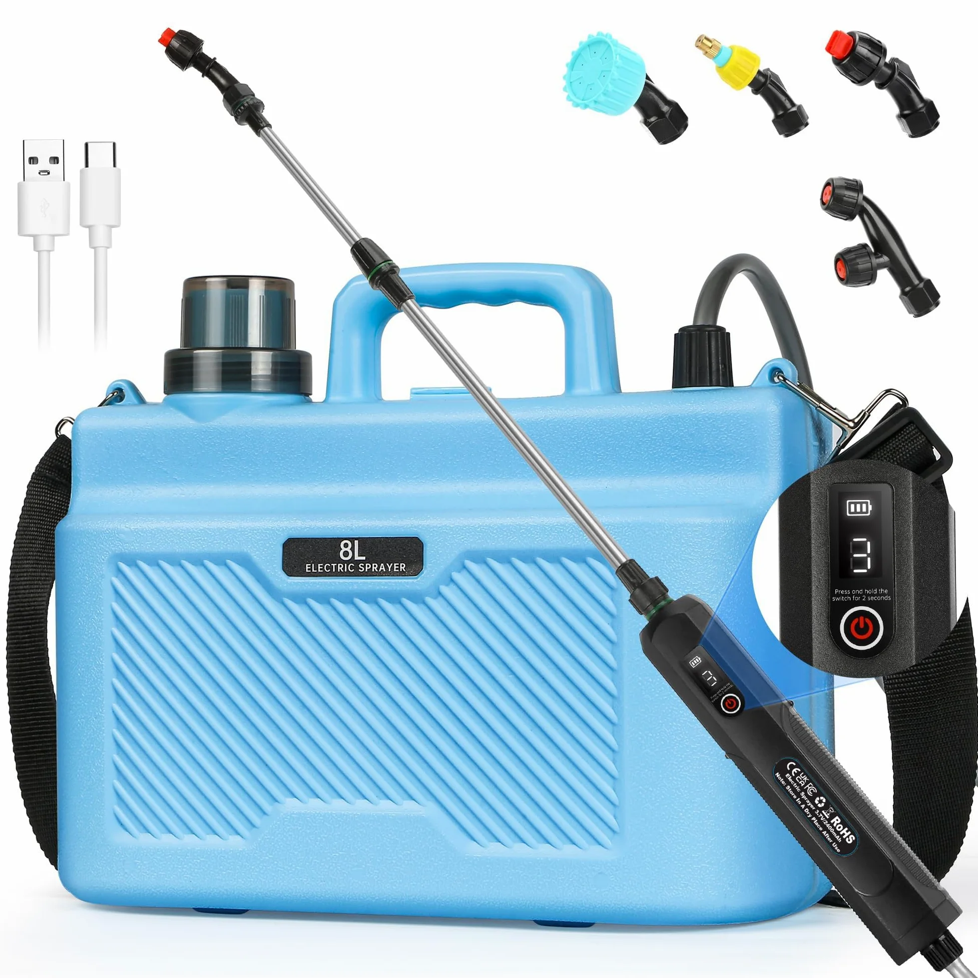 Pompa Irroratrice a Batteria 8L, 5V/2400mAh Pompa a Spalla a Batteria, Spruzzino Nebulizzatore Piante con 3 Livelli di Pressione Dell'acqua Regolabili & 4 Ugelli per Irrigazione e Diserbo