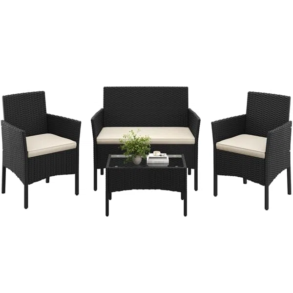 Yaheetech Set da Giardino in Rattan, 4 Posti, con divano a 2 posti, 2 sedie, tavolo e cuscini per seduta resistente alle intemperie, Salotto da Siardino Esterno, per Terrazza Balcone Patio