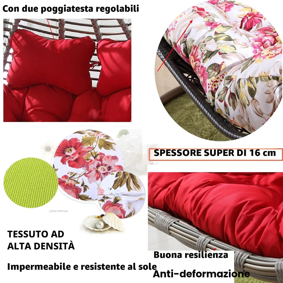 Poltrona a Dondolo Sospesa Doppia con Morbido Cuscino Profondo, Poltrona a Dondolo da Esterno a 2 Posti con Cordini, Completamente Imbottito, Design Non Crollabile (Grigio)