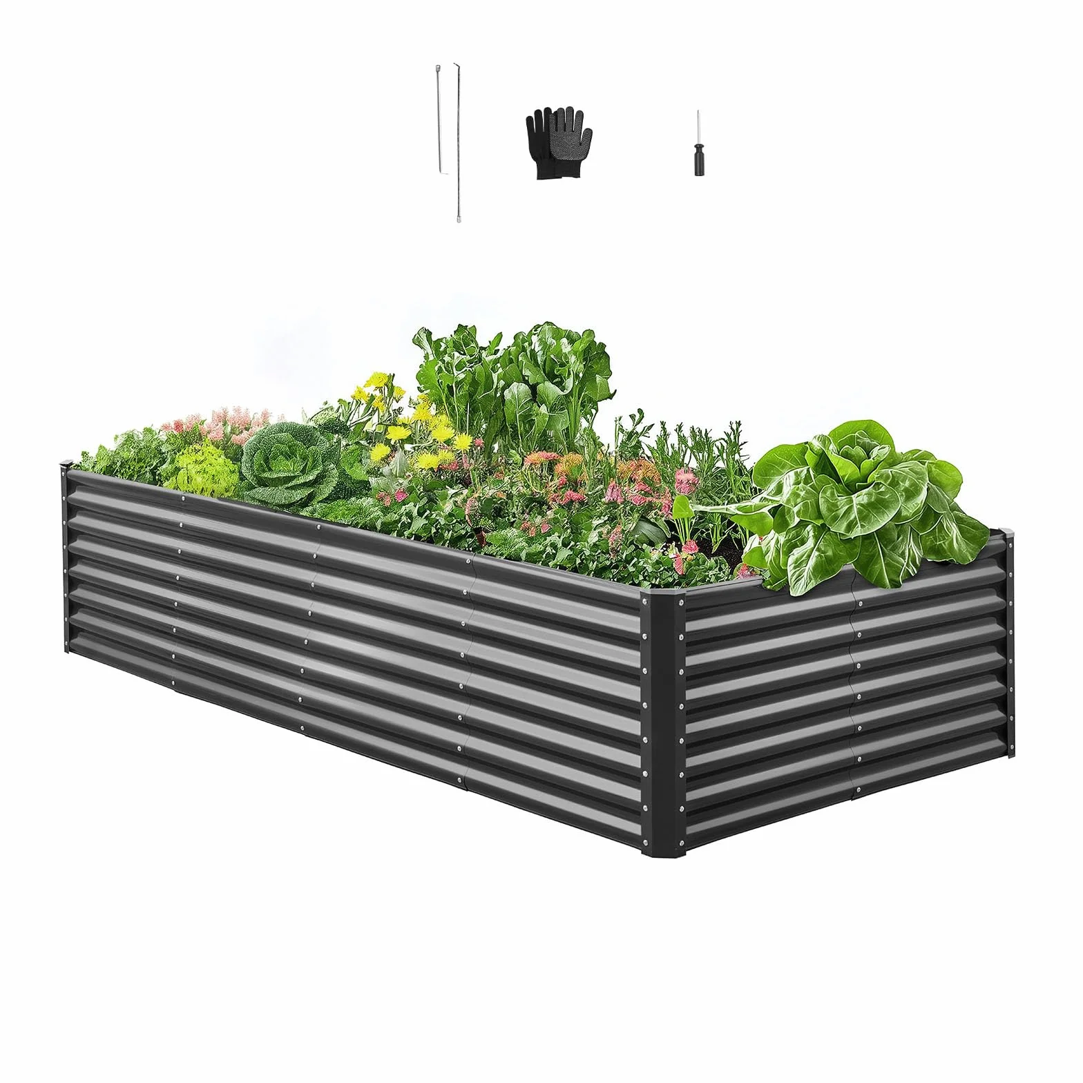 VEVOR Aiuola Rialzata in Metallo, Fioriera da Giardino Zincata per Esterni 2400 x 1200 x 600 mm, Design a Fondo Aperto, per la Coltivazione di Verdure, Erbe Aromatiche e Piante Grasse, Grigio Scuro