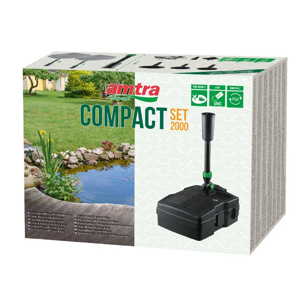 Amtra Pond Compact Filter Set 6 LT- Pompa per laghetti ornamentali e fontane, compatta, con lampada sterilizzatrice, guscio protettivo, 3 giochi d'acqua inclusi, 2000 l/h
