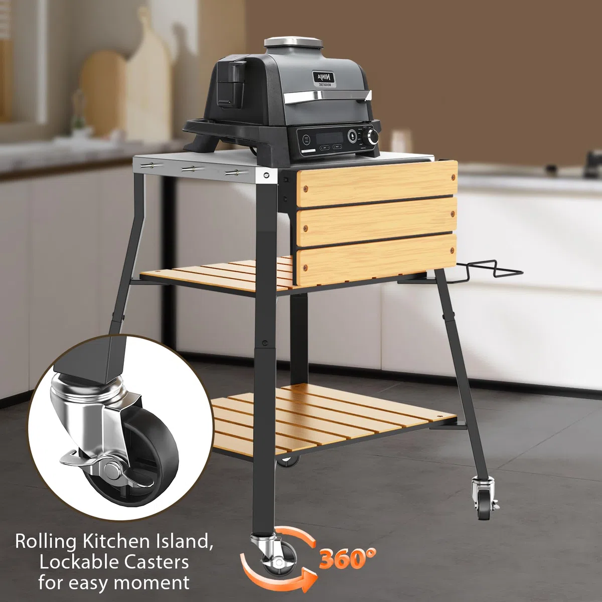 GFTIME Carrello per barbecue portatile universale, in acciaio inox, per barbecue Solo Stove & Ninja Woodfire Outdoor BBQ, supporto per barbecue con ripiani in WPC e ruote girevoli a 360°