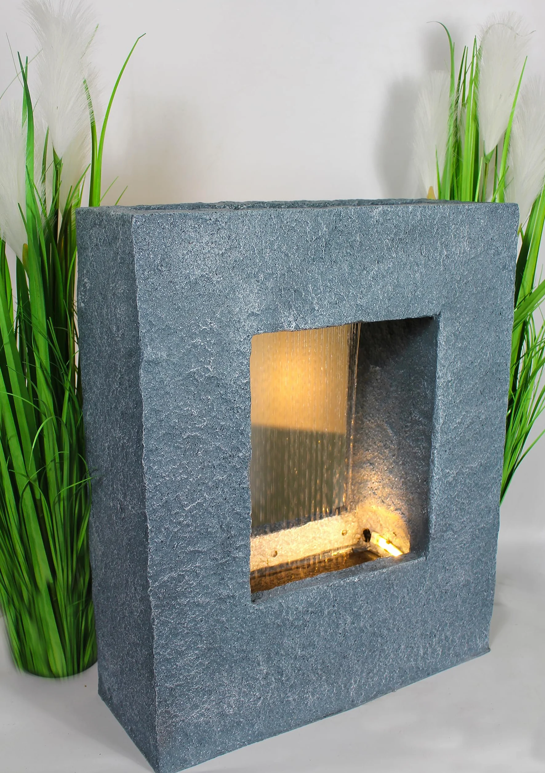Fontana da giardino con illuminazione a LED 65x53 cm fontana da interno fontana effetto pietra pioggia cascata rettangolare bianco caldo fontana zampillante decorazione da giardino