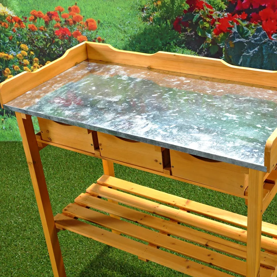 Melko Tavolo da lavoro per giardino Tavolo da giardino Tavolo per piante con TRE cassetti in stile country in legno di abete per esterni, 80 x 40 x 82 cm, marrone miele