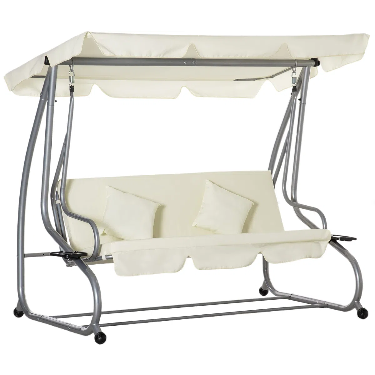 Outsunny Dondolo da Giardino convertibile in Letto a Dondolo, Dondolo 3 Posti in Acciaio e Poliestere con Tetto Regolabile e 2 Portabicchieri, 200x120x164 cm, Crema