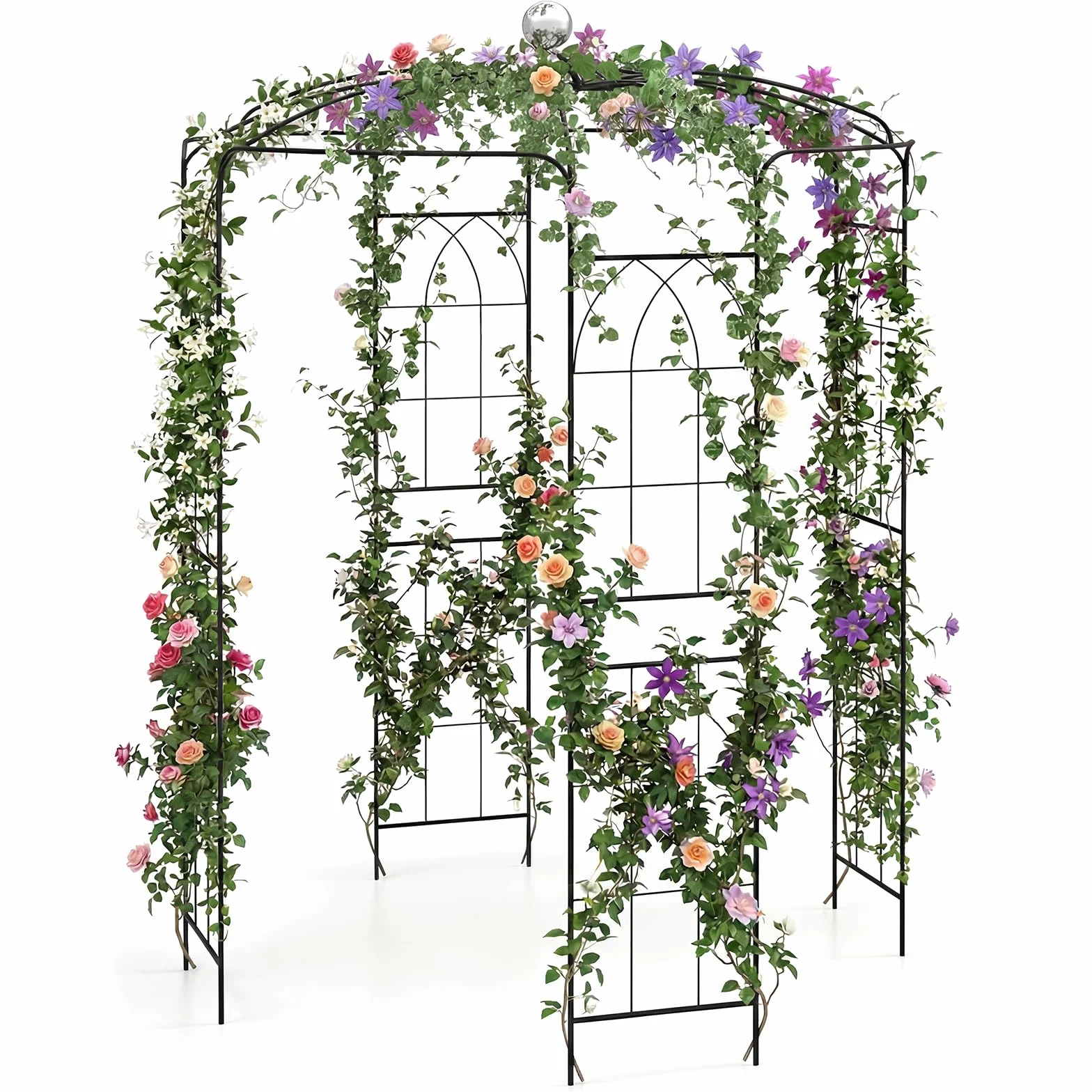 COSTWAY Traliccio ad Arco in Metallo Zincato per Piante Rampicanti, Gazebo a Forma di Gabbia per Uccelli con Gancio e Paletti, Pergola da Giardino per Cerimonie, 198 x 284 cm, Nero