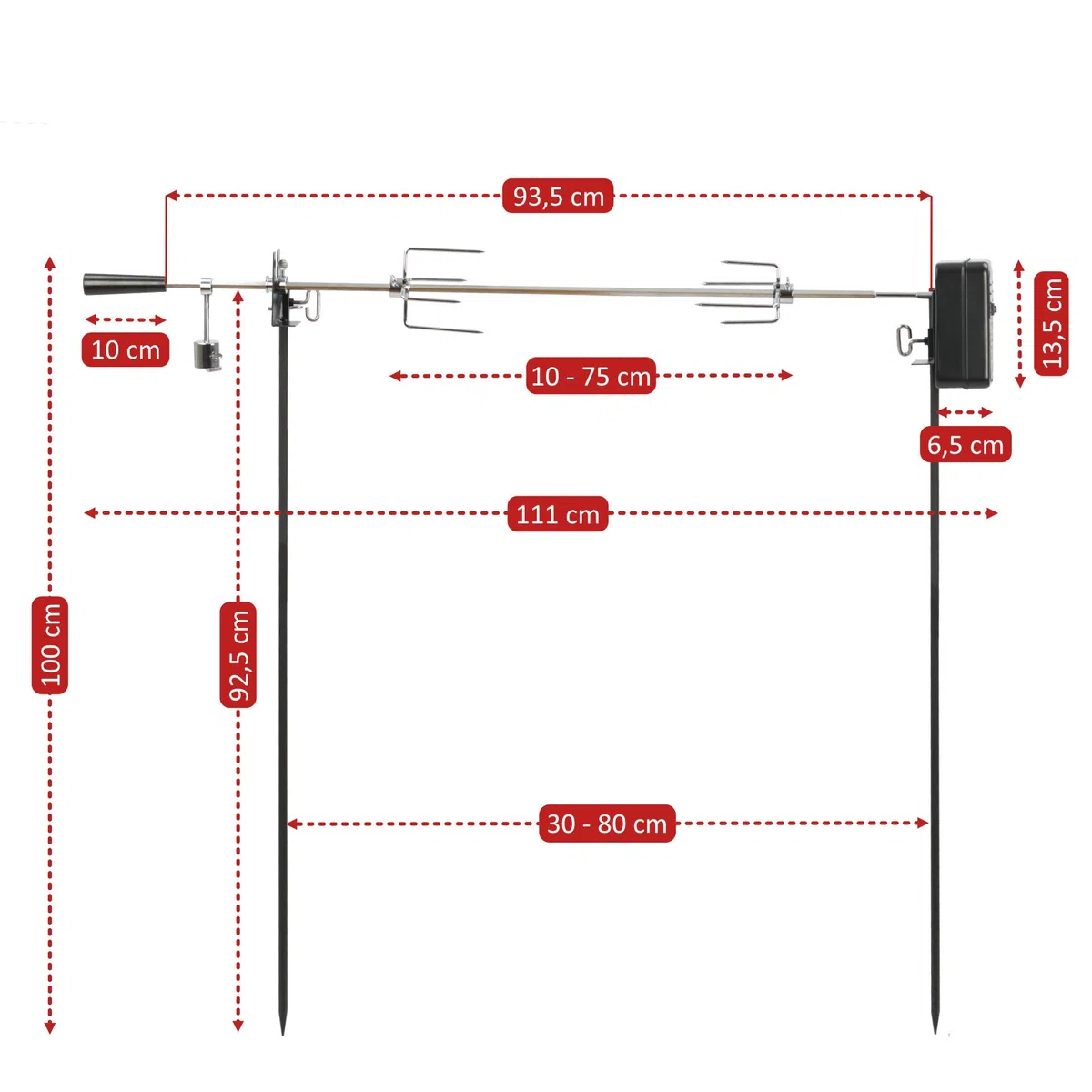 BBQ-TORO Set spiedini per Escursioni, Campeggio, falò e Altro, 90 cm, 2 Aghi per Carne, Motore (con Batteria)