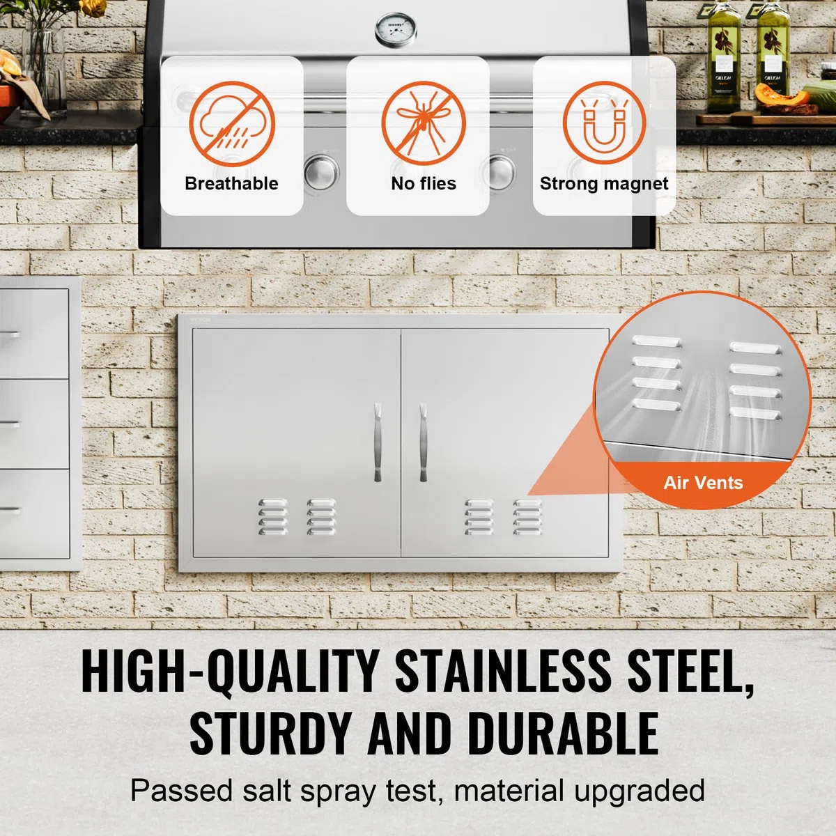 VEVOR Porta di accesso per barbecue da cucina all'aperto, doppia porta verticale in acciaio inox con maniglie e prese d'aria, 91 cm di larghezza x 53 cm di altezza, per barbecue Island, stazione di