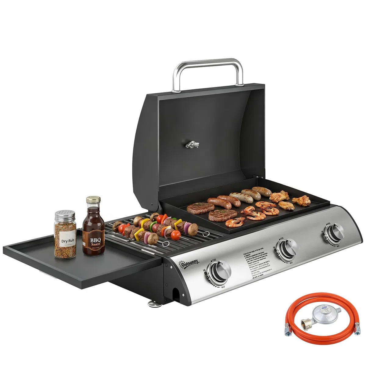 Outsunny Barbecue a gas 7,5 KW portatile da tavolo con 3 bruciatori, tavolo laterale, griglia smaltata, vassoio raccogli grasso, termometro, griglia a gas da tavolo, barbecue da picnic, per giardino