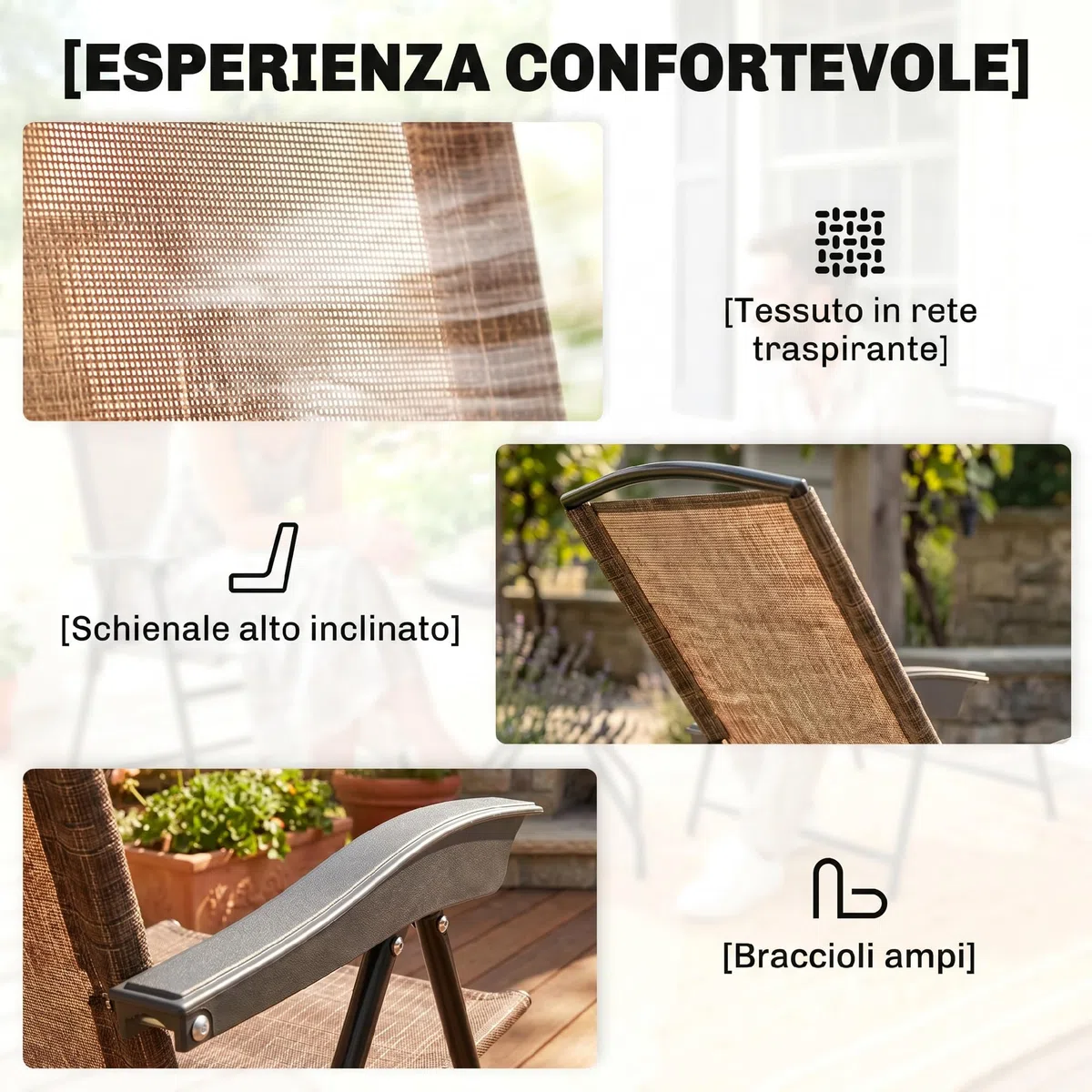 Outsunny Tavolino con 2 Sedie Set Mobili 3pz Pieghevole Regolabile Esterno Textilene Marrone