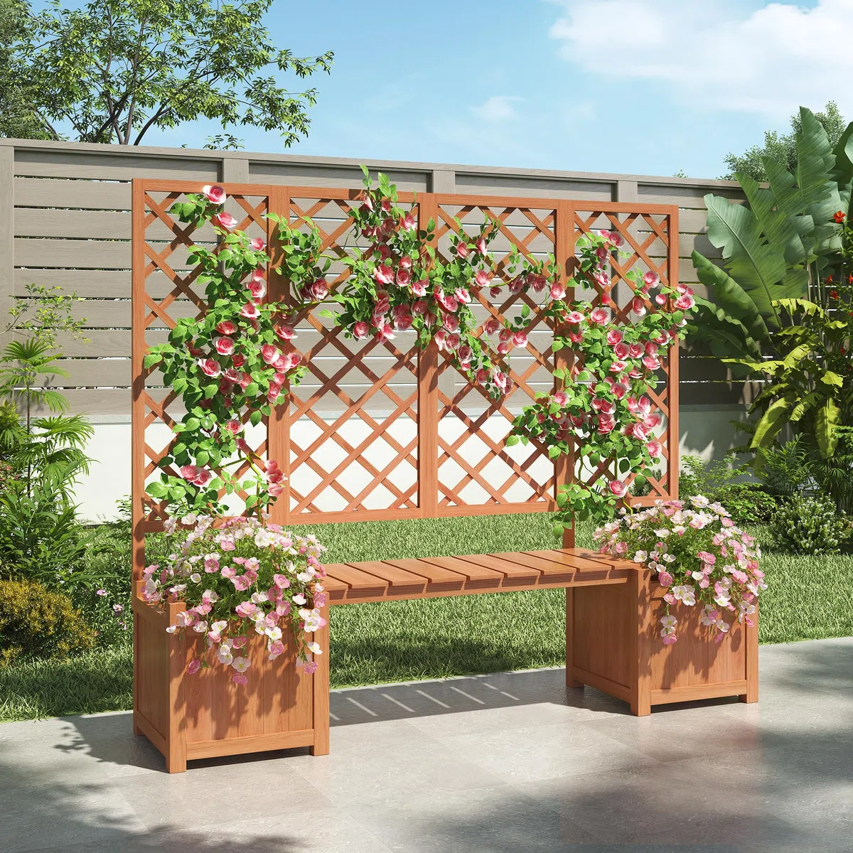 Fioriera con traliccio e seduta, in legno di abete massiccio, grigio, 169 x 145 x 42 cm, per piante rampicanti, terrazza e giardino (grigio-A)