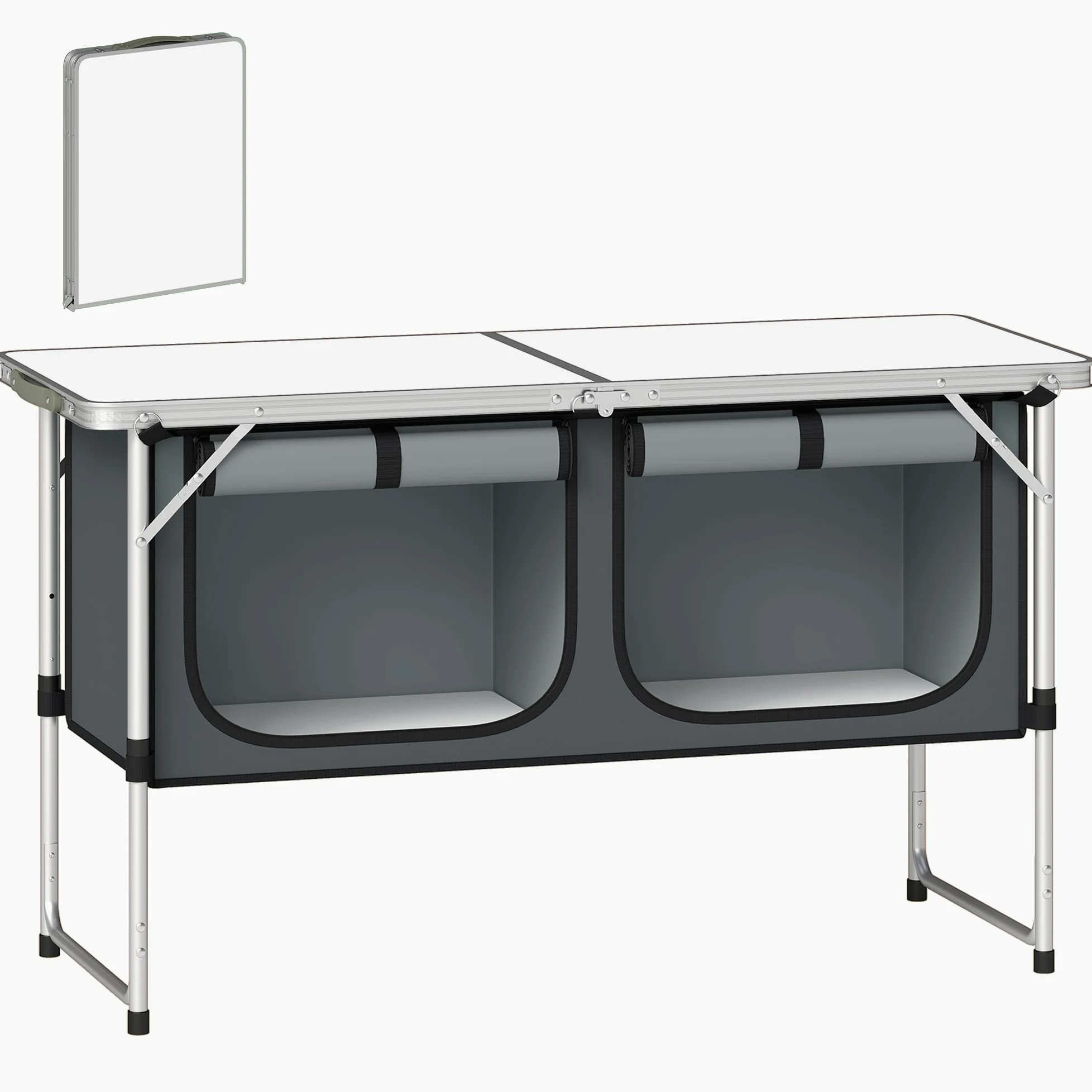 Outsunny Cucina da Campeggio Pieghevole, Mobile Cucina da Campeggio in Alluminio, MDF e Tessuto Oxford, per Picnic, BBQ e attività all'Aperto, 120x47x70 cm, Argento