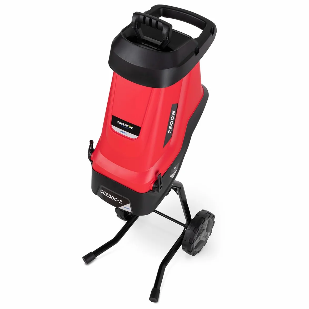 GREENCUT GE250C-2 - Biotrituratore elettrico, potenza 2600W, capacità di taglio 45mm, tramoggia grande, 2 sacchi di raccolta da 45l, ruote e maniglia di trasporto, rosso