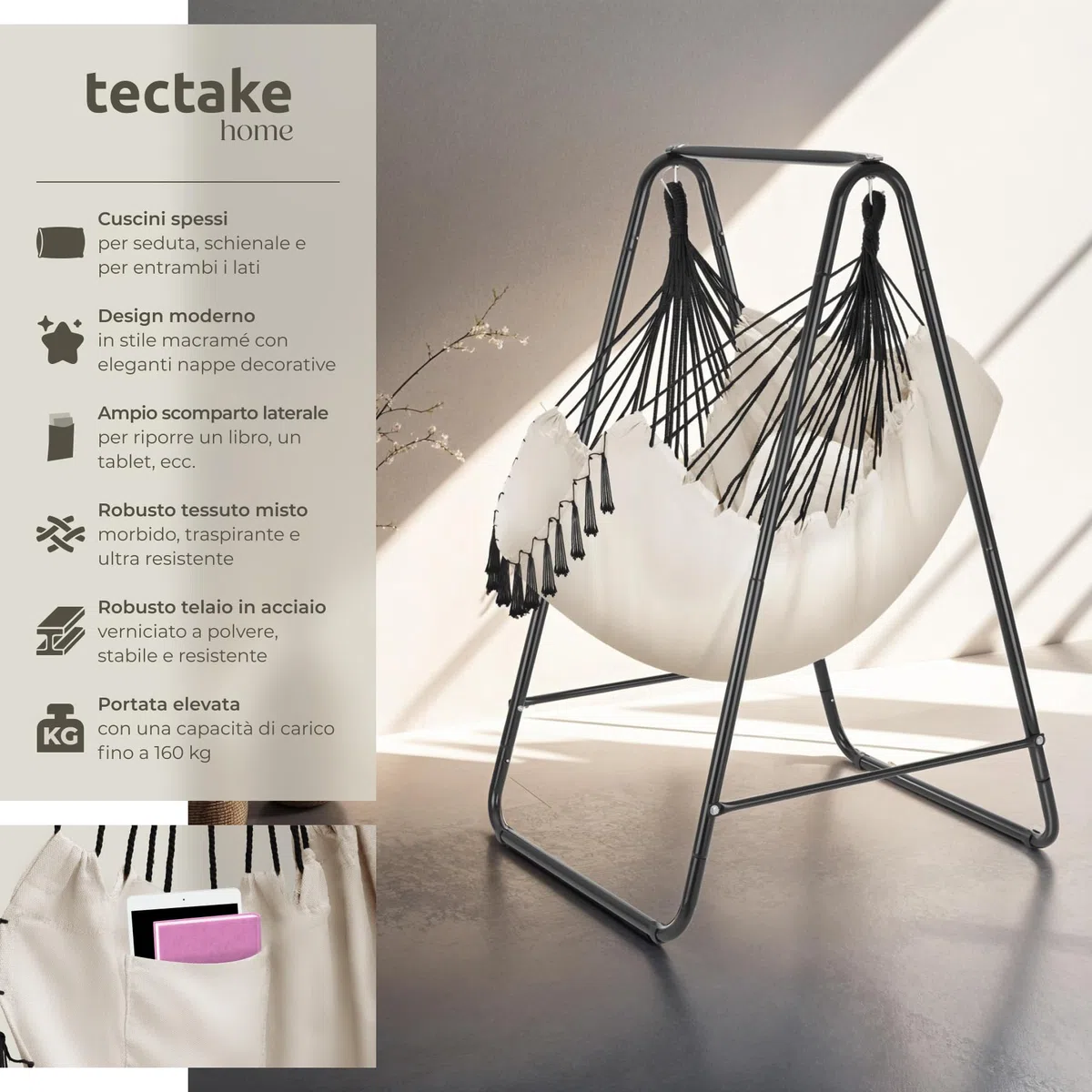 tectake® Poltrona Sospesa Boho con Cuscini, Tasca Laterale, Tessuto Misto Cotone-Poliestere, Telaio in Acciaio, Capacità 160 kg, Arredamento Casa e Giardino, per Interni ed Esterni - Beige