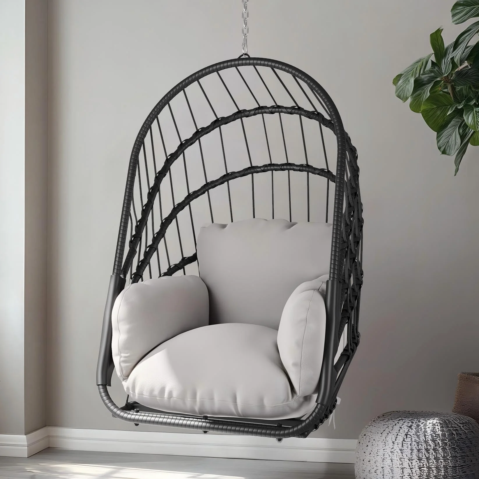 YITAHOME Poltrona sospesa senza telaio, in rattan con cuscino lavabile, portata 160 kg, pieghevole, per terrazza, giardino, camera da letto e balcone, grigio