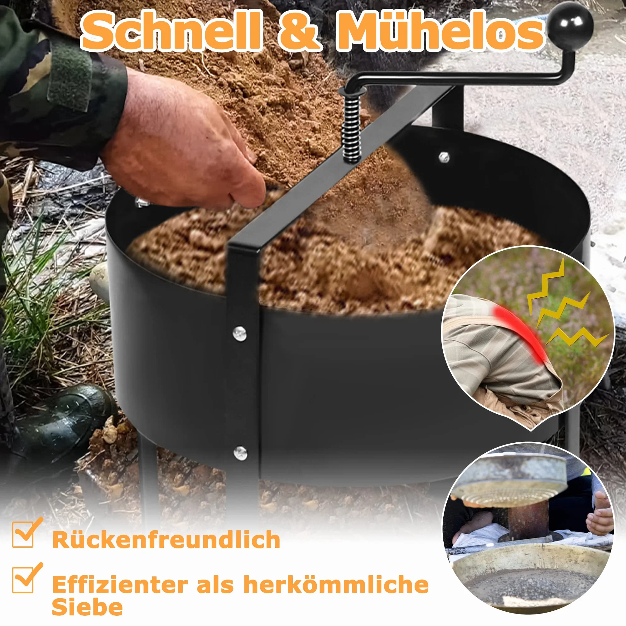 UISEBRT Setaccio da Giardino a manovella, Setaccio rotativo per compost, Ø 40 cm, in metallo, per pietre, compost, erbacce, sabbia, nero