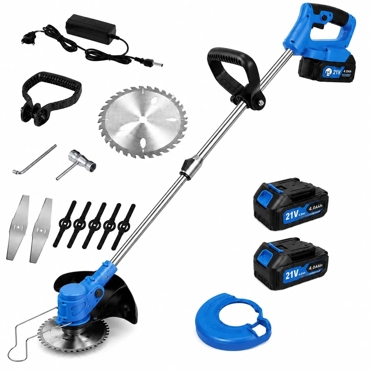 Decespugliatore a Batteria 21V RESISTENTE - Tripla FUNZIONE in 1 - LEGGERO e SILENZIOSO - Compreso di Lame - Motore 10000 RPM - Tagliaerba a Batteria Cordless per Giardino, Prato, Bordi e Aiuole