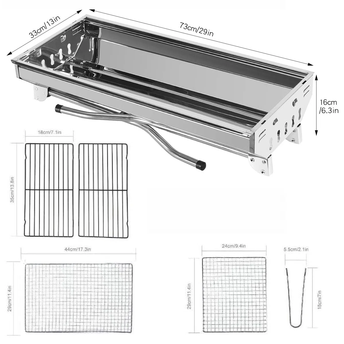 Oceano Barbecue a carbone in acciaio inox bracere richiudibile in metallo portatile bbq da esterno griglia per giardino pic-nic campeggio escursione gita (33x73x71cm + soffiatore + utensili)