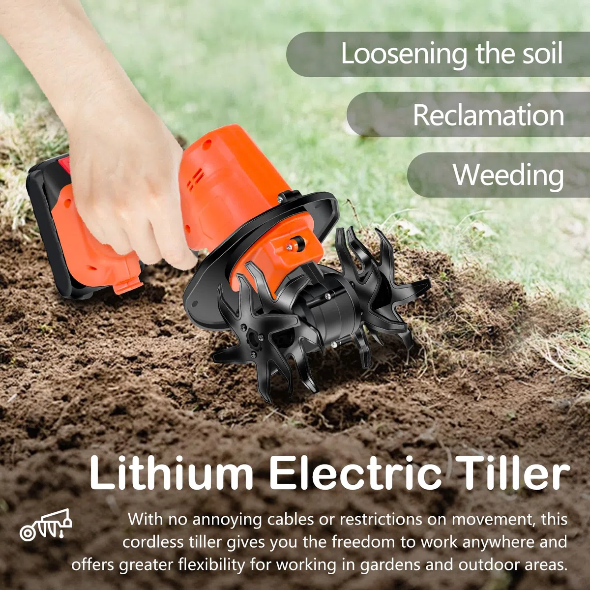 Motozappa a Batteria, 21V Motocoltivatore da Giardino con 2 Batterie 3000mAh Zappatrice Elettrica con 4 Lame in Metallo 10cm Larghezza di Lavoro 10cm Profondità di Lavoro 235 Giri/min Velocità