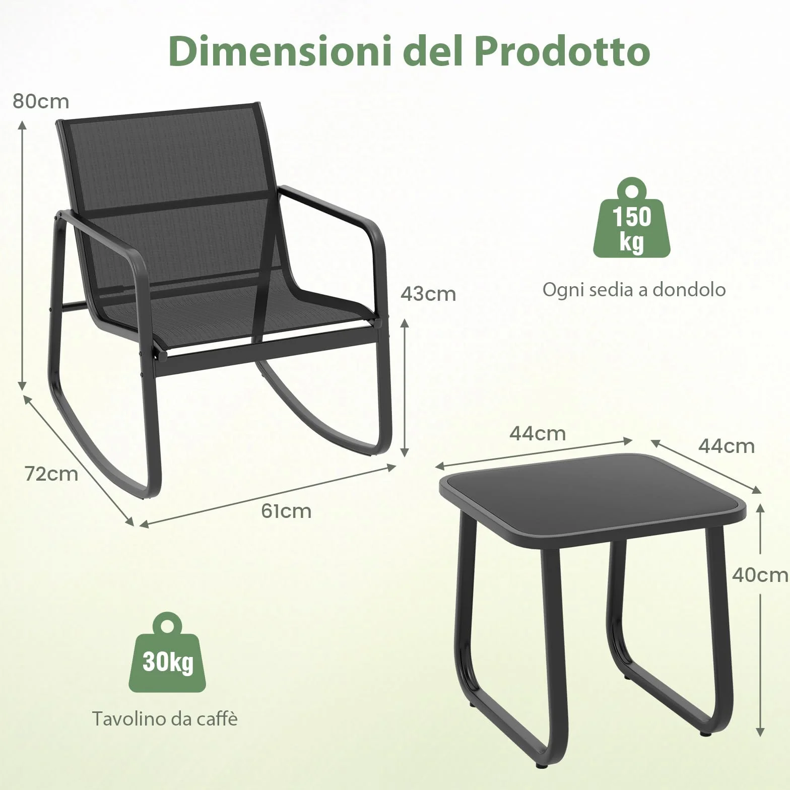 GYMAX Set di Mobili da Giardino 3PCS, 2 Sedie a Dondolo con Tavolino in Vetro, Piccolo Set da Patio con Movimento a Dondolo Fluido, Strisce Antiscivolo, per Portico Esterno, Cortile e Balcone