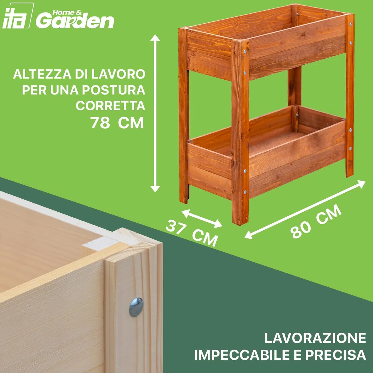 ITA Fioriera Rialzata 80x37x78 cm in Legno Naturale - Aiola con Due Livelli - Perfetta per Giardino, Terrazza, Balcone - Made in EU - Qualità Diretta dal Produttore