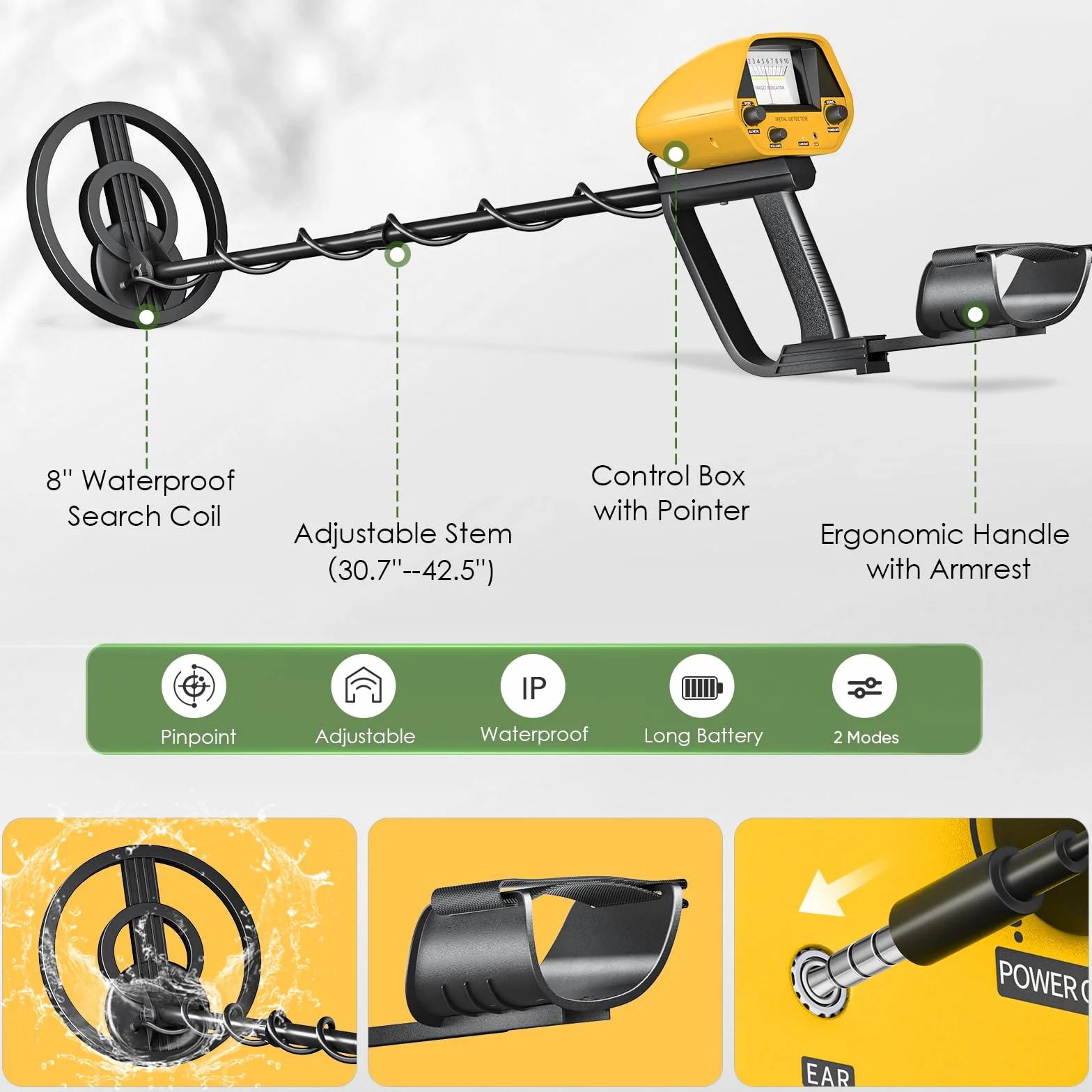 Metal Detector, Metaldetector Professionale con Batteria Ricaricabile, Metal Detector 2lbs per Principiante Adulto Bambini, Altezza Regolabile 78-108 cm, Modalità DISC e All Metal