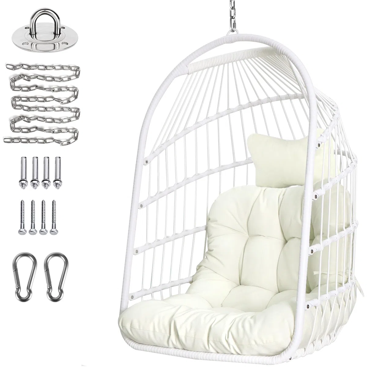 Sedia a Dondolo Pieghevole in Rattan per Interni ed Esterni - Vimini con Kit Appeso in Acciaio Inossidabile, Cuscino Resistente ai Raggi UV - Camera da Letto