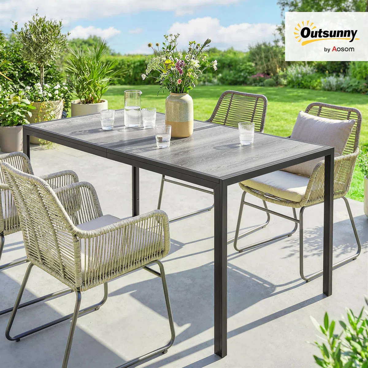 Outsunny Tavolo da Giardino con Piano Effetto Legno in Plastica 150x80 cm per 6 Persone, Tavola da Pranzo da Esterno Rettangolare, Gambe in Acciaio, per Patio, Terrazzo, Balcone, Grigio