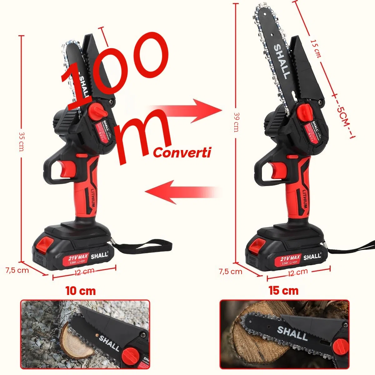 SHALL Mini motosega portatile. Motore senza spazzole.2 batterie a ricarica rapida, 4 catenelle da taglio, Kit mini motosega a batteria da 6"