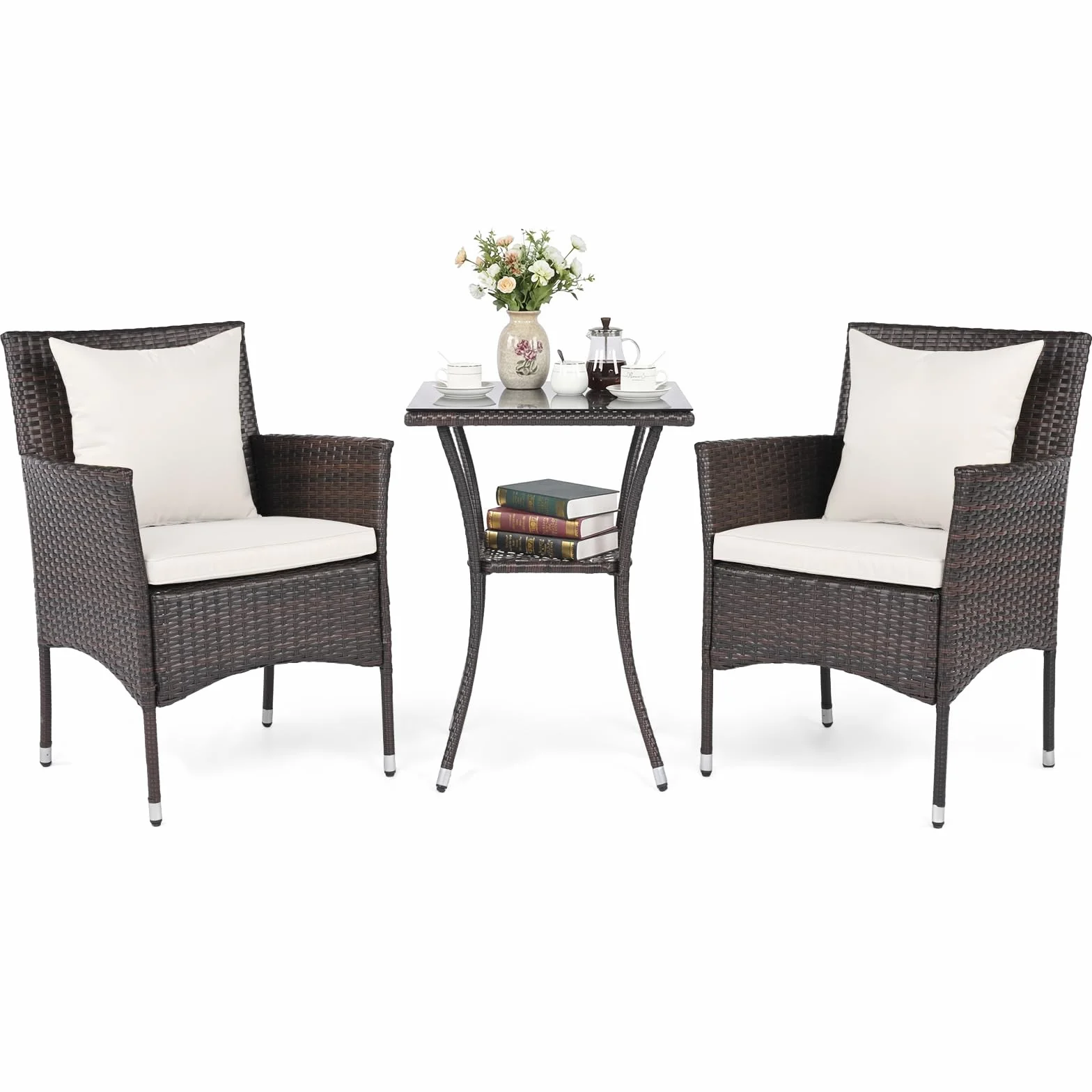 COSTWAY Set da Salotto da Giardino 3 Pezzi, 3 Pezzi Set Mobili da Esterno in Rattan con Tavolo in Vetro Temperato a Doppio Ripiano, Set da Conversazione con Cuscini per Veranda (Marrone+Bianco)